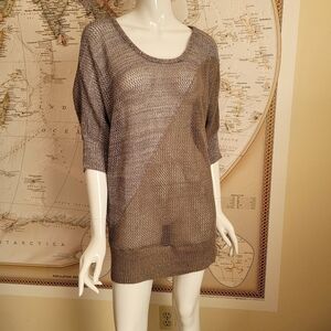 Dressbarn lavender tan loose weave sweater metallic silver threads swim edgy 1X